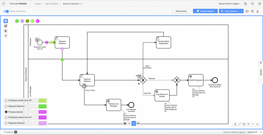 token simulation enabled on a camunda modeler diagram