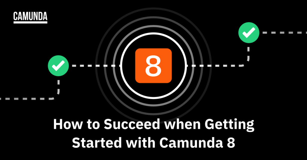 Black banner with a white 8 inside an orange square. White text reads: "How to Succeed when Getting Started with Camunda 8"