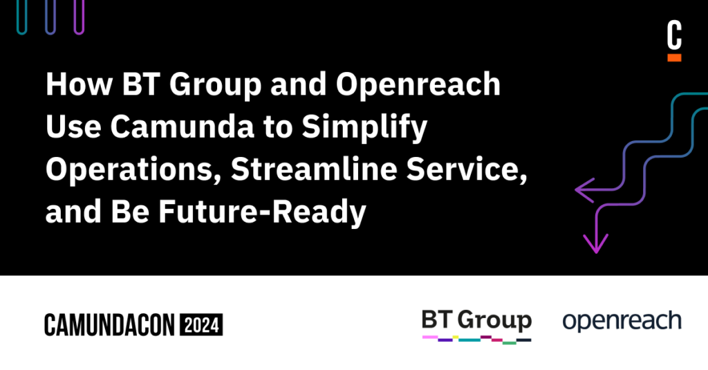 Black banner reads "How BT Group and Openreach Use Camunda to Simplify Operations, Streamline Service, and Be Future-Ready"