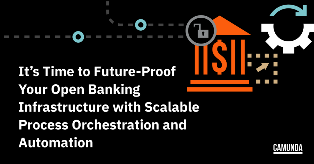 Black banner with an orange graphic of a bank. In white text: "It's Time to Future-Proof Your Open Banking Infrastructure with Scalable Process Orchestration and Automation"