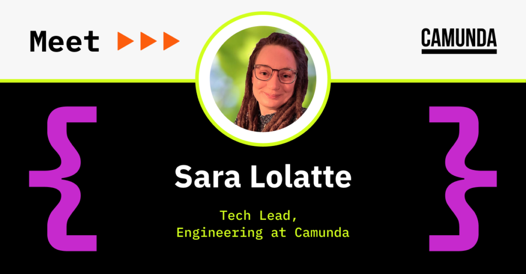 Black banner shows a portrait of a young white woman with glasses. The banner reads "Sara Lolatte, Tech Lead, Engineering at Camunda"