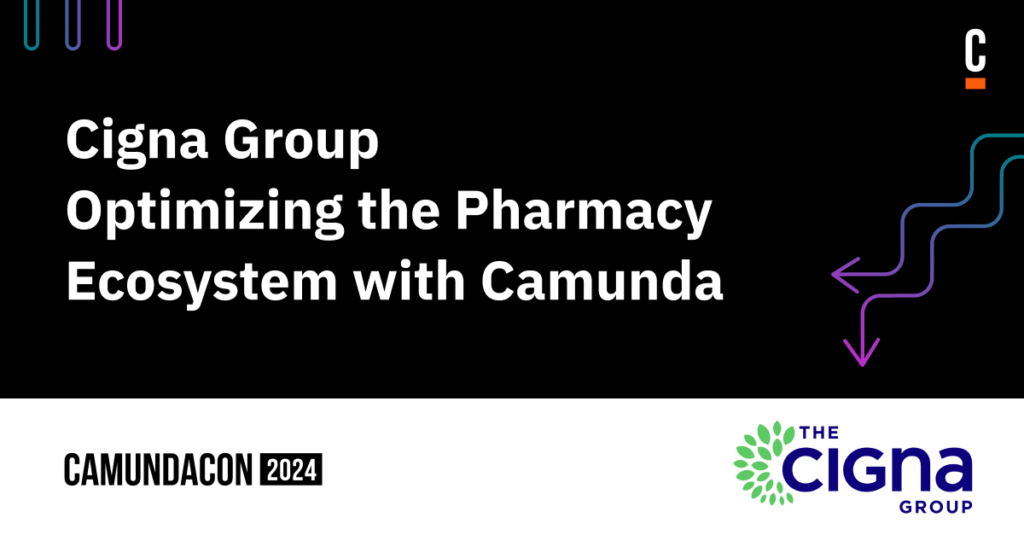 Black banner with Cigna Group logo reads "Cigna Group: Optimizing the Pharmacy Ecosystem with Camunda"