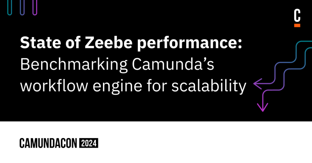 Black banner reads "State of Zeebe Performance: Benchmarking Camunda's workflow engine for scalability"