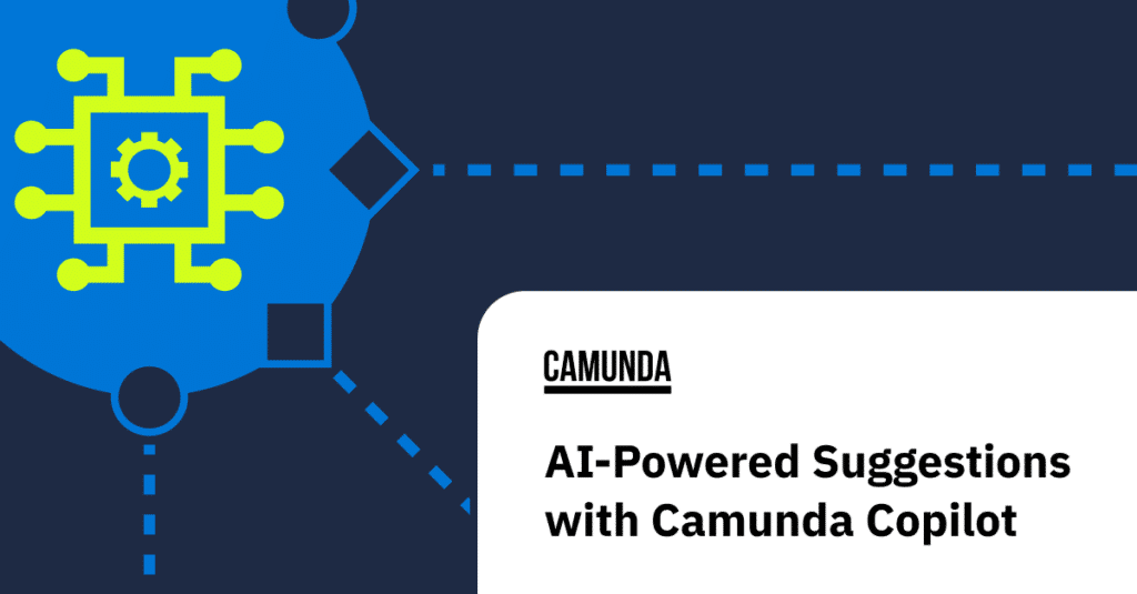White, blue and neon-green banner. Black text over white background reads AI-Powered Suggestions with Camunda Copilot