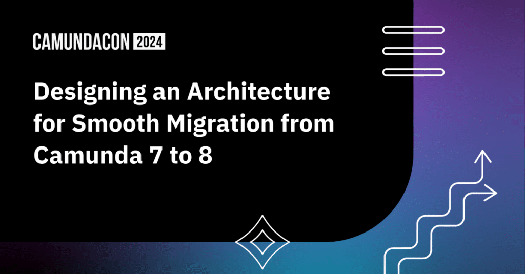 Black banner with purple gradient reads "Designing an Architecture for Smooth Migration from Camunda 7 to 8"