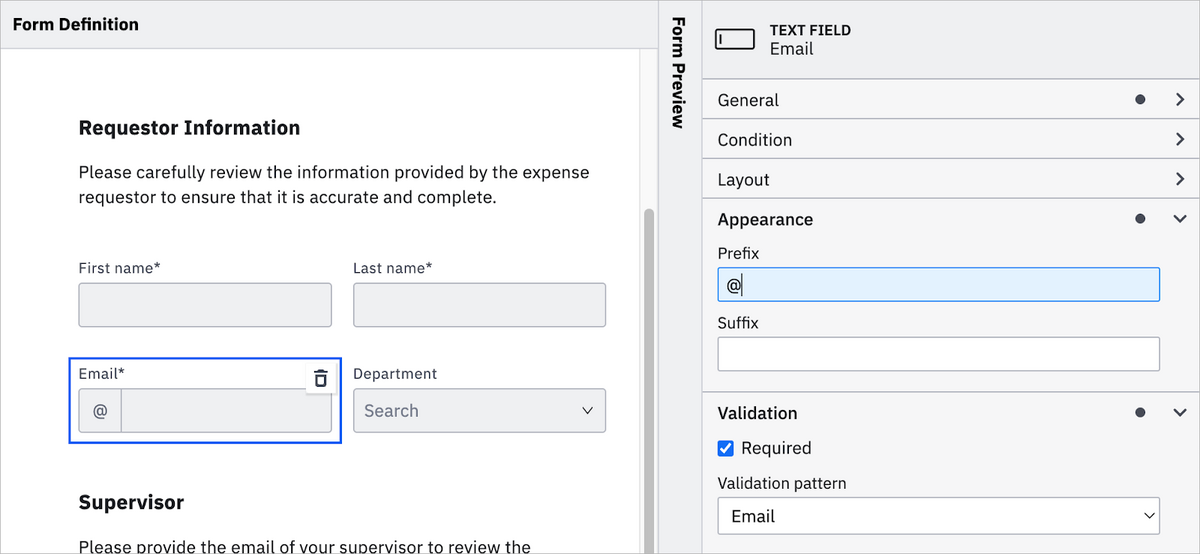 A form in the Camunda Form Editor with the "Email" field highlighted, preceded by an "@" prefix.