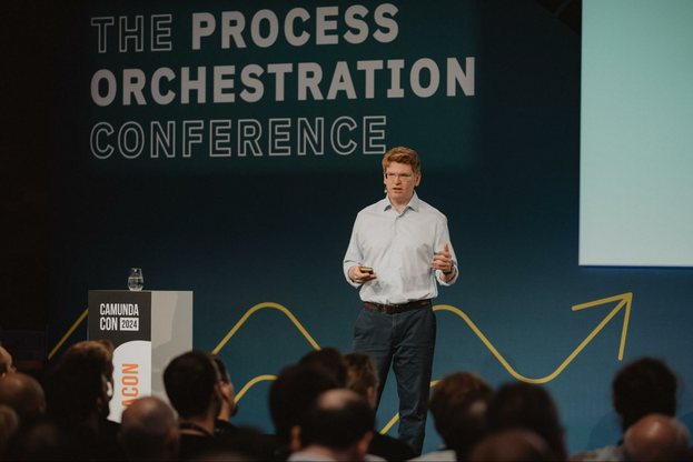 Camunda cofounder Jakob Freund speaking at CamundaCon 2024