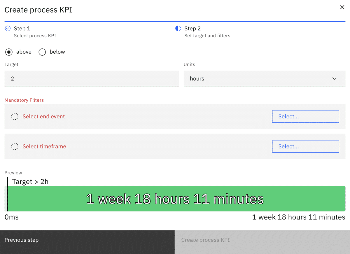 Selecting process KPI metrics, with "above" selected for the target of "2" and units of "hours."