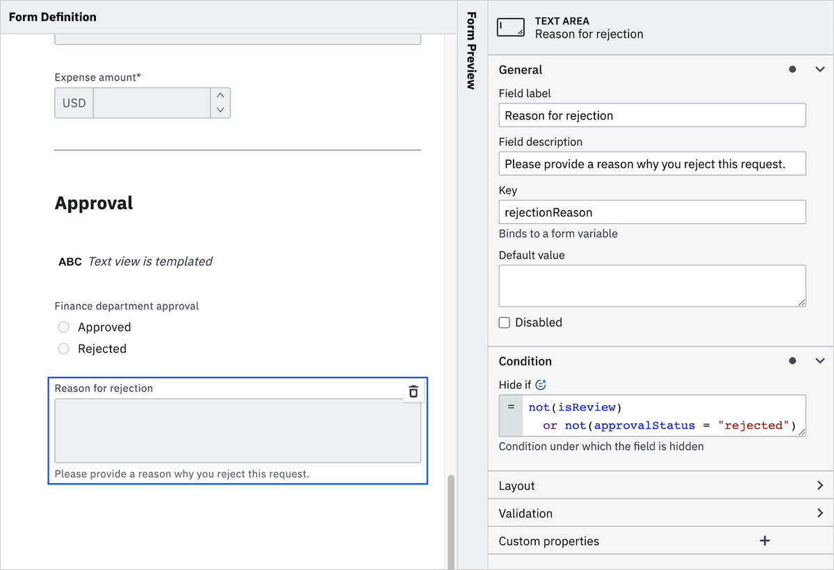 A form in the Camunda Form Editor with the "Reason for rejection" field highlighted