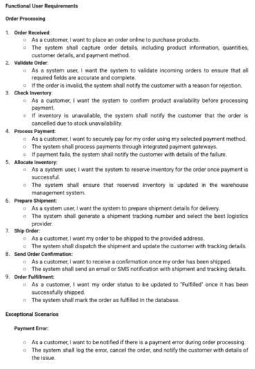 List of functional user requirements