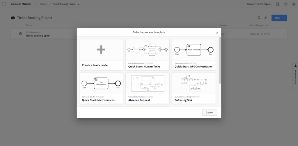 screenshot of template picker modal window in Camunda modeler